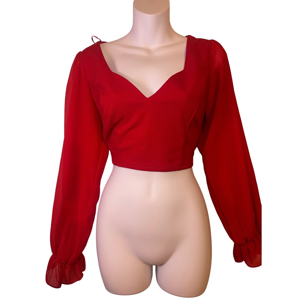 Fashion House Red Sweetheart Neckline‎ Long Sleeve Crop Top Backless Bow Tie
